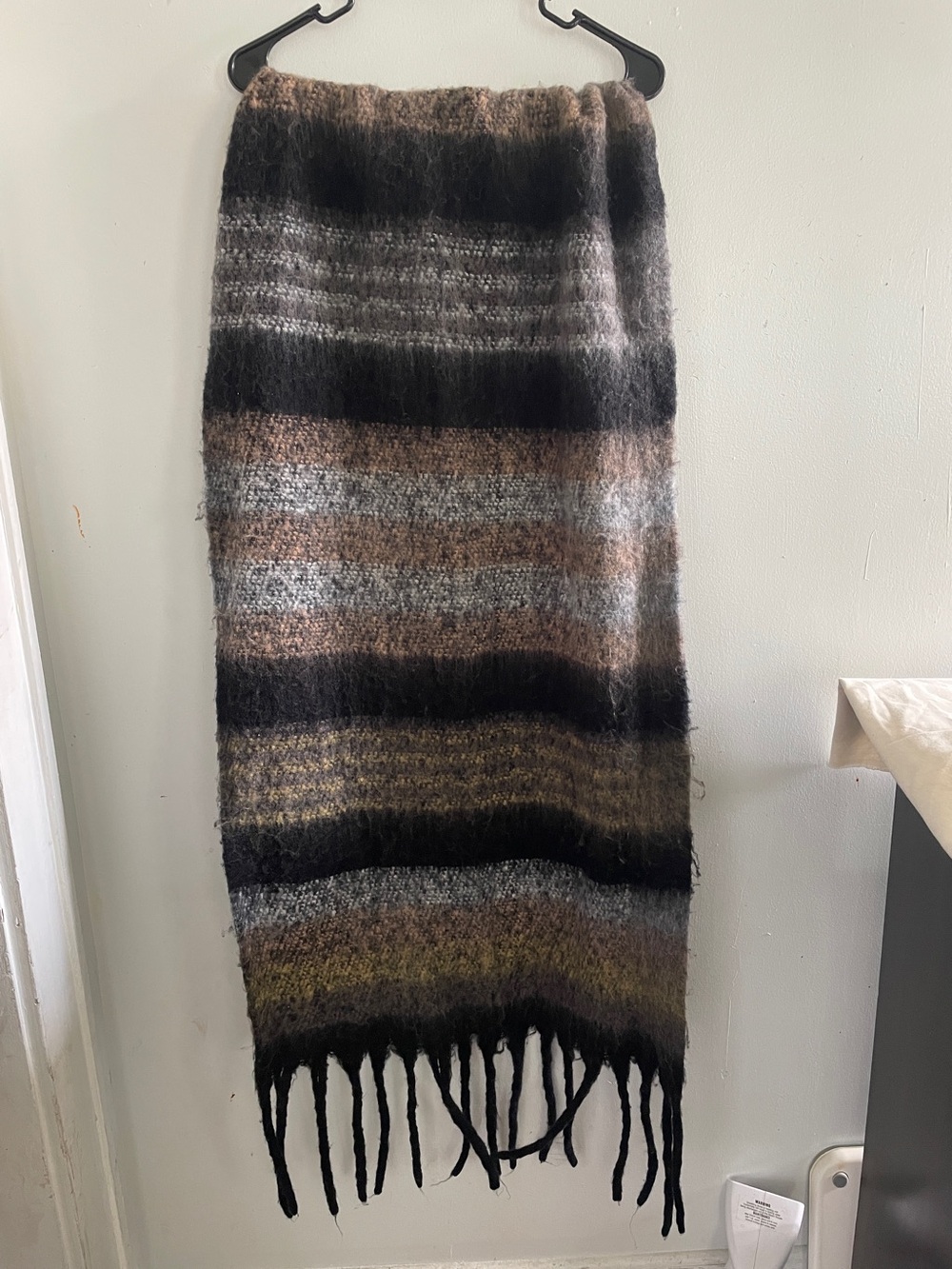 G by Giuliana Fuzzy Striped Fringe Scarf in Black, Gray & Brown